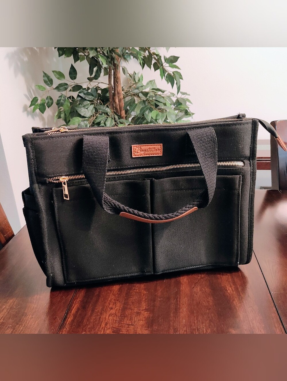 Black Canvas Tote Bag with Front Pockets